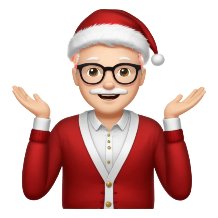 Middle aged white man wearing glasses, black short hair, hazel eye,  dressed as sexy hipster Santa in a cardigan, cute smile with teeth sticker
