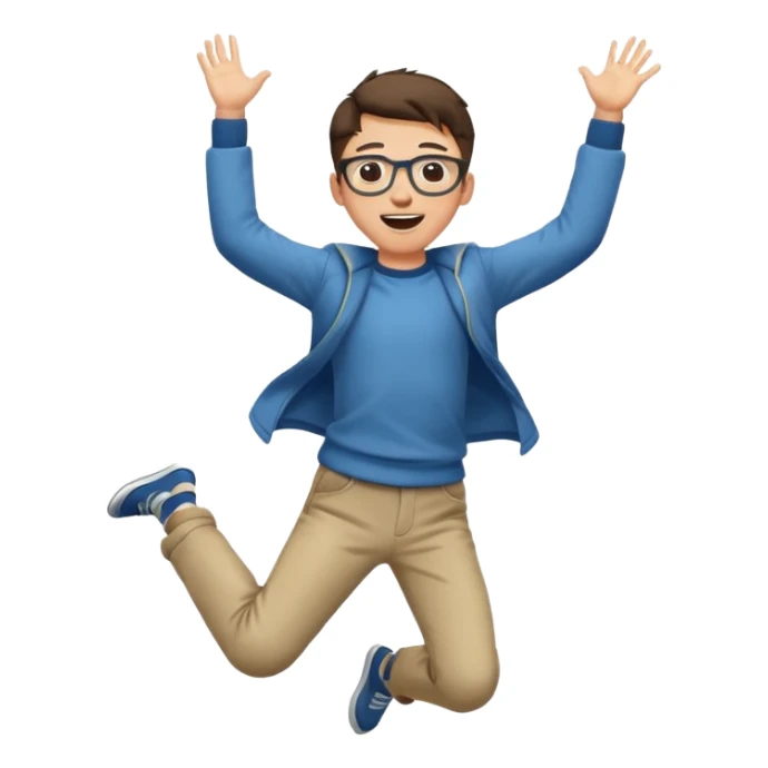 Very excited boy, jumping for joy, full body, eyes closed, wearing glasses sticker