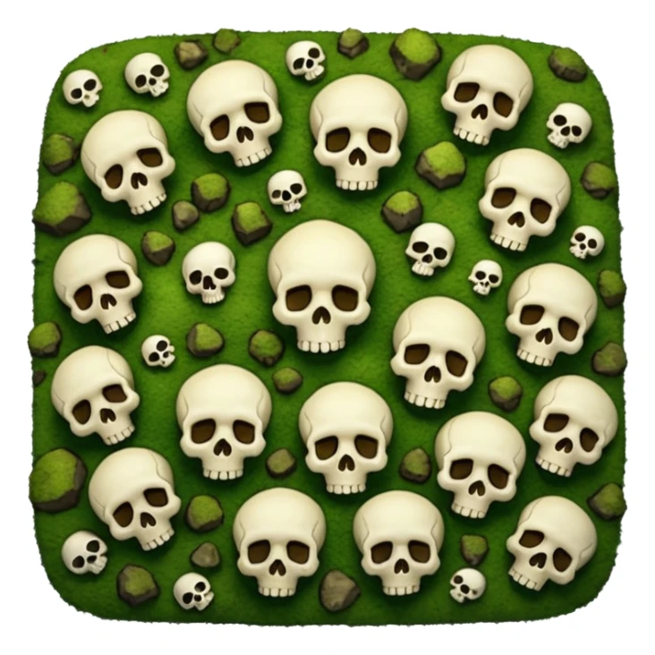 A creepy moss covered ground with skulls from a top down perspective. In the style of your bleeding skull art. In a realistic style covering the whole screen with little tint skulls sticker