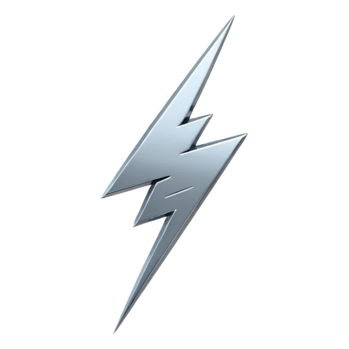 A lightning bolt emoji made of polished silver chrome, sharp yet rounded edges, glossy metallic surface, soft reflections, minimal futuristic design, iOS emoji style, centered, clean white background sticker