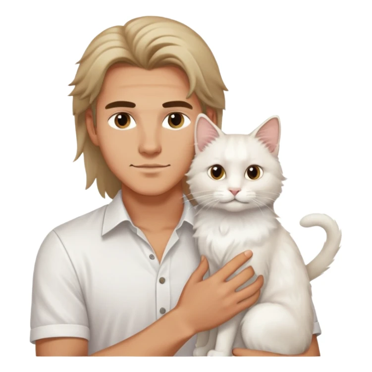 A young handsome Caucasian man in a white shirt holds a long-haired white cat sticker