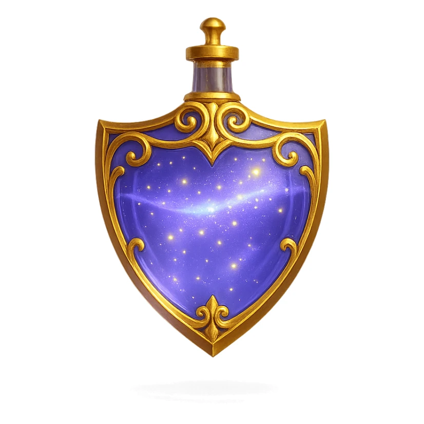 modernus prabangus eliksyro buteliukas, skydo forma kaip nuorodoje, spalva #7986cb, auksiniai ornamentai, magiškas švytėjimas, labai mažas auksinis kaklelis, skaidrus fonas, vientisas dugnas, be šešėlio, plūduriuoja ore, kolekcijos stilius sticker