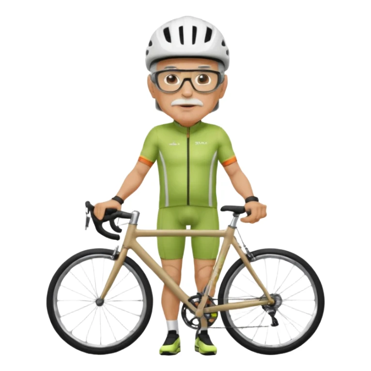 older, 60-year-old man, about 200lbs, with visor under helmet, and mirror on glasses, in cycling clothes, straddling road bike, graphic design sticker