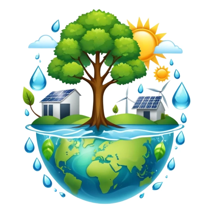 An icon featuring a green Earth, a tree, recycling symbols, and renewable energy sources like wind turbines, solar panels, and hydropower. The design includes animals, water droplets, and the sun, representing ecology, sustainable energy, and environmental protection. Transparent background. sticker