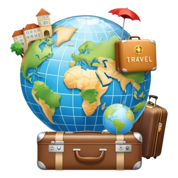 An icon featuring a suitcase, a hotel building, and a globe, symbolizing tourism and hospitality. The design includes a map with a marked destination and a key, representing travel and accommodation. Transparent background highlights the exploration and services of the hospitality industry. sticker