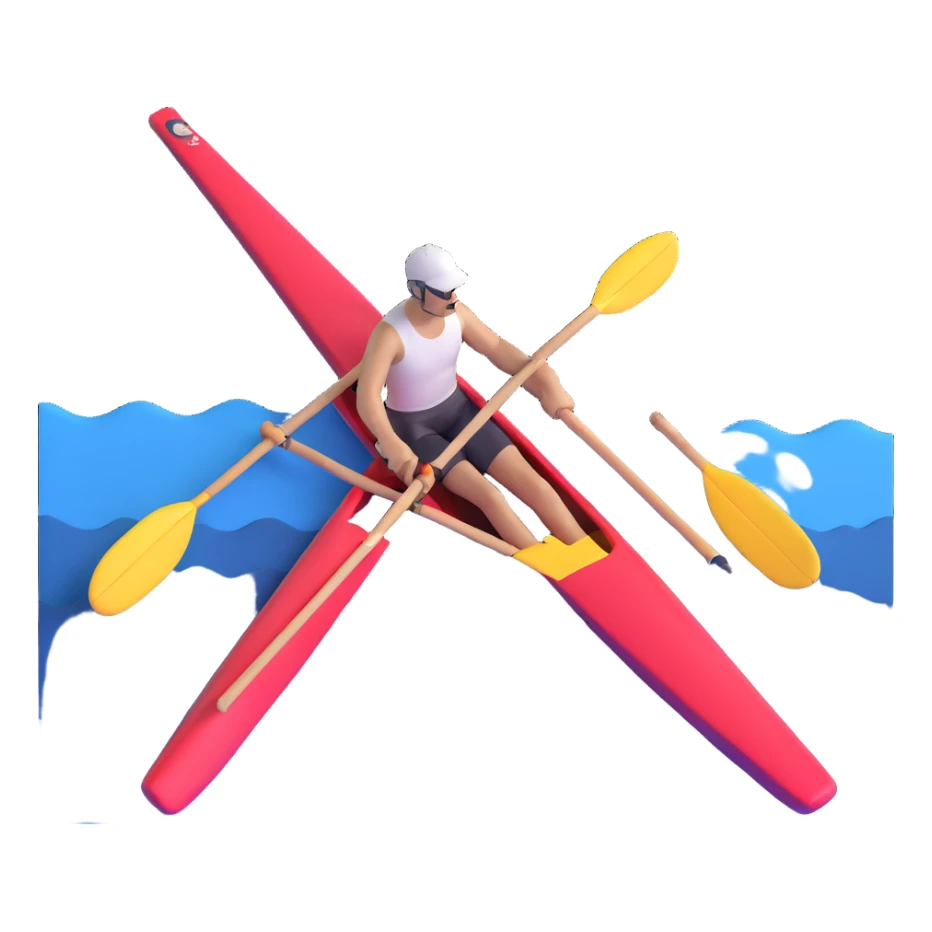 single-person Olympic rowing boat with professional racing style, with rower, maximum 2 oars, bird's-eye view, minimal sea effect with rounded corners sticker