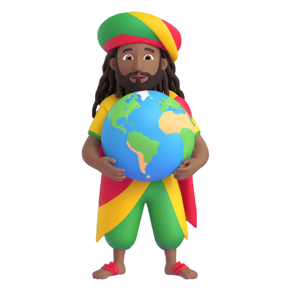 A rasta man bigging up di whole world 🌍🔥🤲🏾, reggae vibes 🎶, love and unity ✨💛💚❤️, every nation stand strong 🇯🇲 holding a the world in his hand sticker