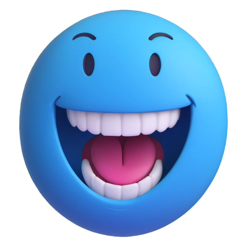 blue smiley face with a wide open mouth, laughing, Microsoft Fluent style sticker
