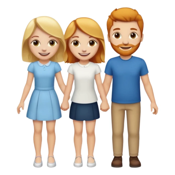 3 emojis holding hands, ginger white girl on the left, brunette white man in the middle, blonde white girl on the right sticker