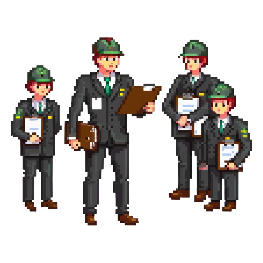 Boss employer with clipboard supervising workers sticker