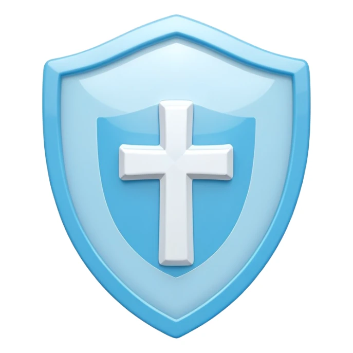 A cute 3D render icon of a protective shield. Rounded edges, plump, glossy plastic material. Sky blue and white color palette. A subtle, soft white cross or heart symbol embossed in the center. Clean studio lighting, soft shadows. Isolated on a light pastel background. Minimalist design. sticker
