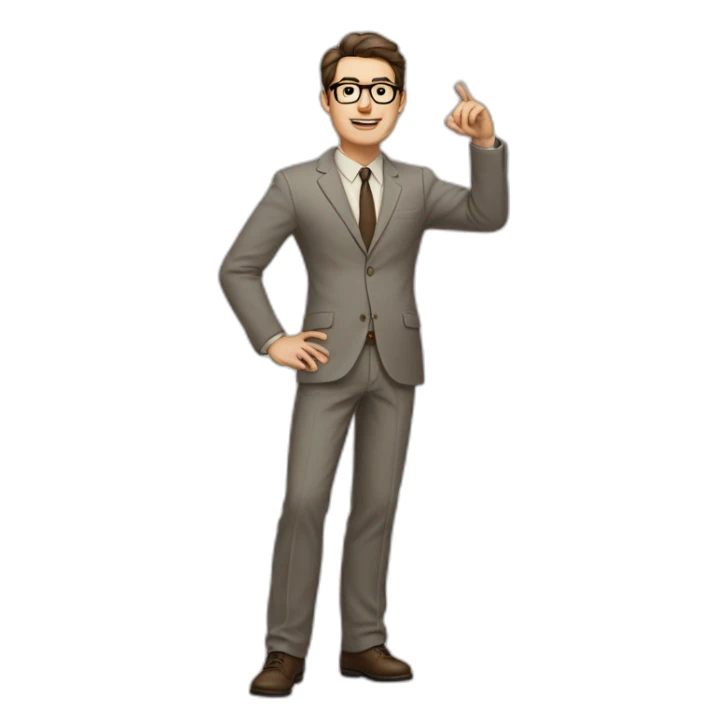 Full height Actively gesturing with hands Pale skinned fit man with dark brown hair in gray jacket, beige office shirt, brown tie, brown pants and vintage glasses. sticker