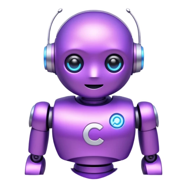Cute mini robot character, purple body, white C symbol on the chest, soft neon glow, simple face with two bright blue eyes sticker