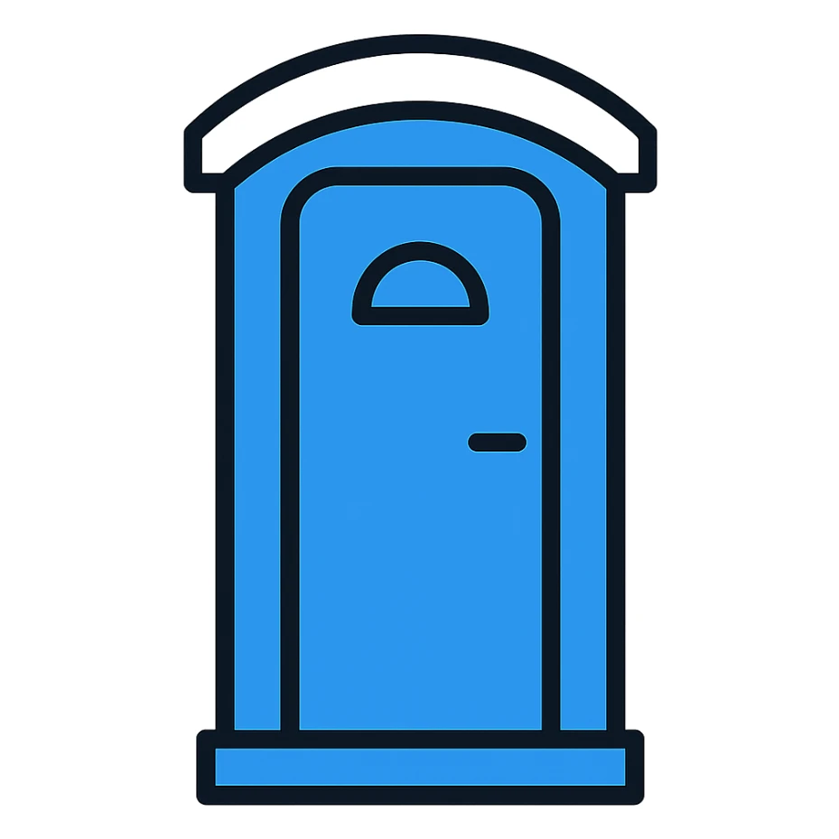 simple and recognizable portable toilet (portaloo) icon, blue plastic with white roof, front door visible sticker