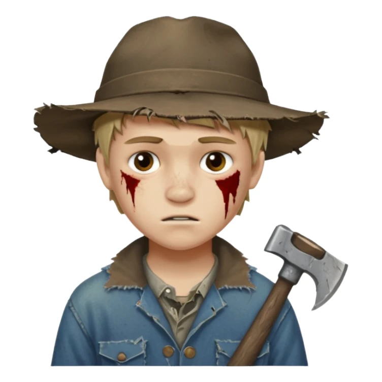 13 y/o Brian robeson at the beginning of Hatchet
distressed, has hatchet, small scratches(no bleeding type) on face, no blood on hatchet sticker