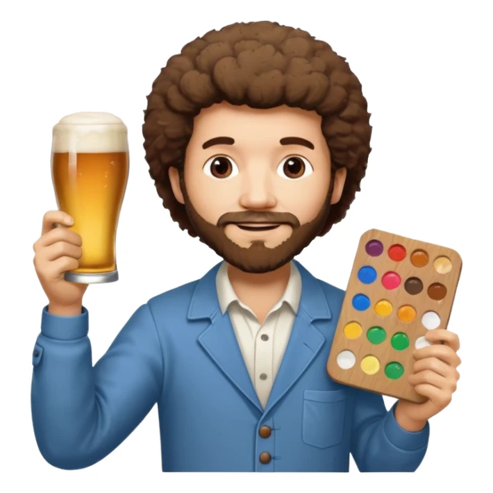 BOB ROSS HOLDING A PAINT PALETTE WITH A SIGN THAT SAYS CONGRATULATIONS AND HAS A BEER ON IT sticker