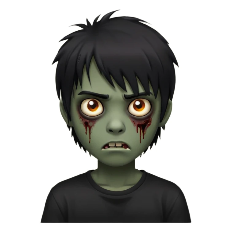 Boy, zombie, black hair, medium long, emo, shaggy, dark, spooky, creepy expression, fringe approximately to the eyebrows height, with Black t-shirt  sticker