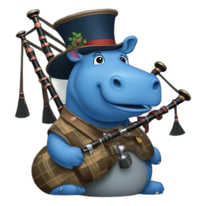 Blue hippo with bagpipes and Tam o’ shanter sticker