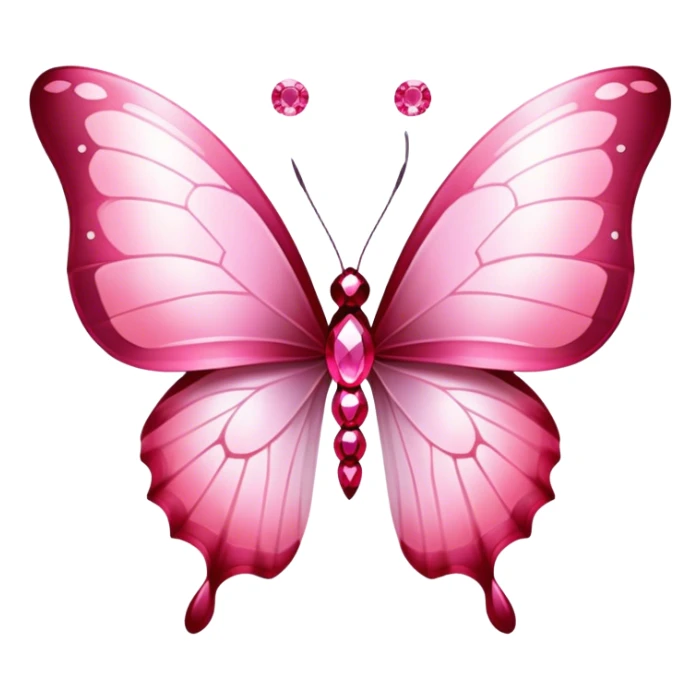 A pink aesthetic butterfly with delicate, shimmering wings rests gracefully among glistening rubies. The soft pastel hues blend harmoniously with the deep red gemstones, creating an elegant and dreamy atmosphere. Gentle light reflects off the jewels, enhancing the ethereal beauty of the scene. sticker