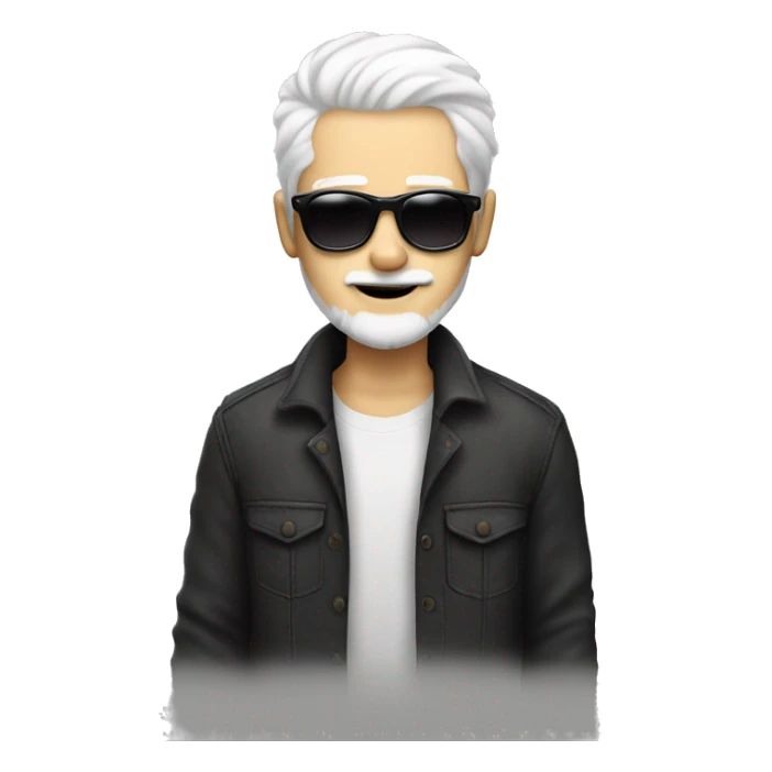 20 yea old looking guy with white hair and round sunglasses, white beard, white skin sticker