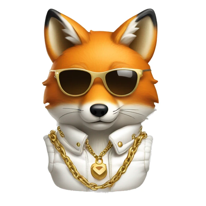 fox wearing a white puffer vest and sun glasses and a gold chain sticker