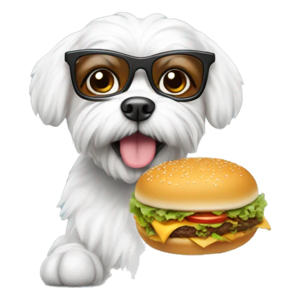Maltese wearing a glasses and holding a hamburger sticker