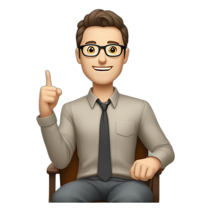 Joyful Celebrating victory Hands up Pale skinned Fit Man With dark brown hair in gray jacket, beige office shirt, Brown pants and vintage glasses sitting In a soft chair sticker