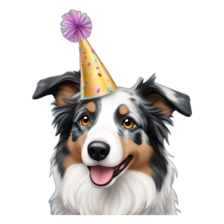 Blue merle border collie with happy birthday hat sticker