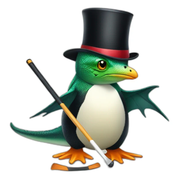 lizard with a cane and a black top hat playing hockey with a penguin sticker