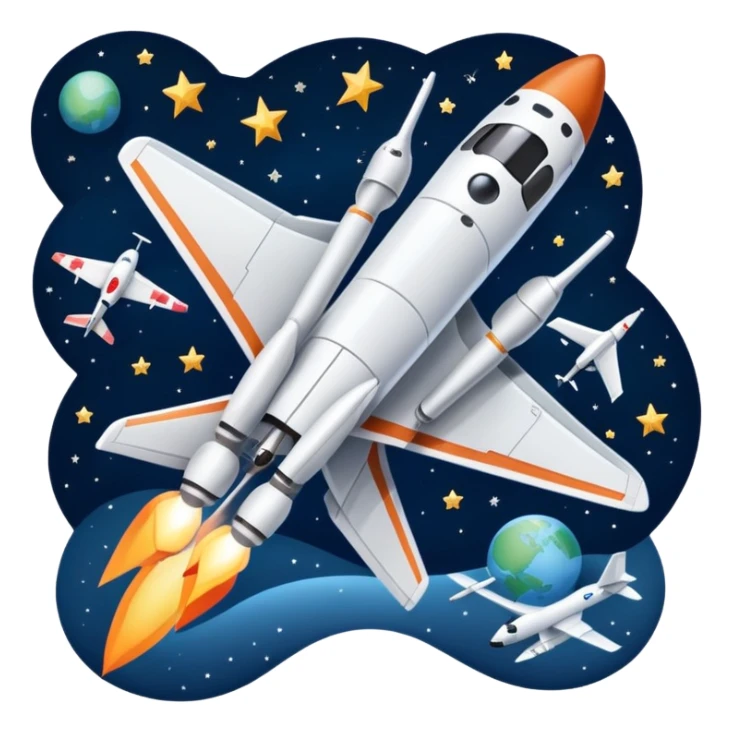 An icon featuring a space shuttle, a drone, and an airplane against a starry sky, symbolizing aerospace technology. The design includes rocket boosters and satellite orbits, representing the exploration of space and advanced aviation. Transparent background sticker