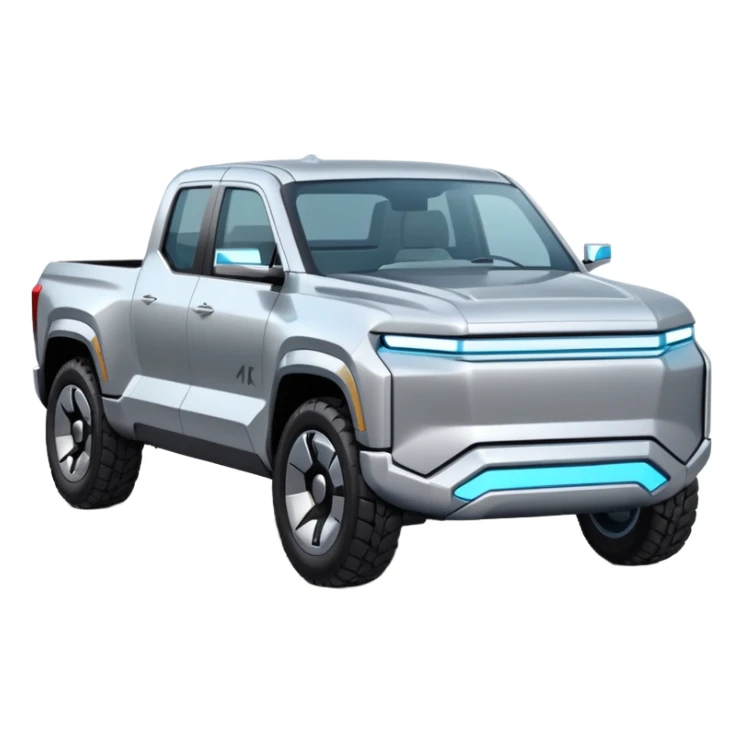A futuristic electric pickup truck emoji, silver chrome body, angular cyber design, smooth metallic panels, subtle reflections, minimalistic proportions, iOS emoji style, centered composition, clean white background, soft lighting sticker