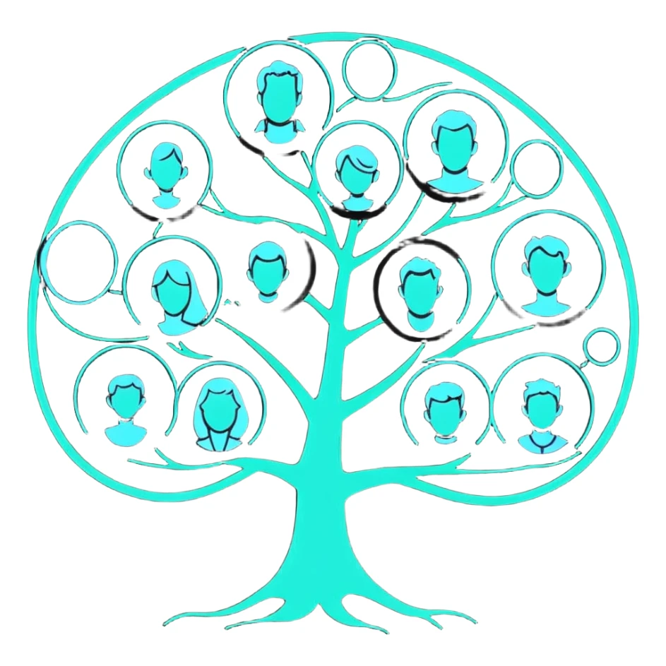 Luminous family tree with glowing portraits and ethereal translucent connecting lines floating in dreamlike space sticker