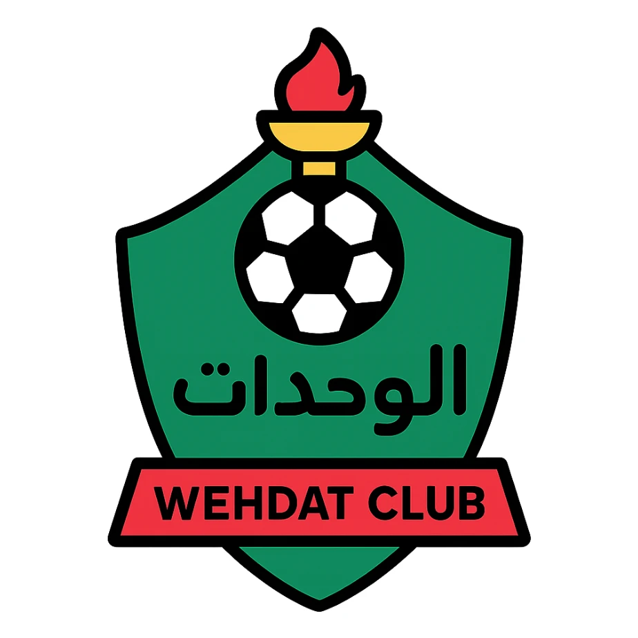 Wehdat Club logo, modern flat design, green and red color palette, soccer ball element, Arabic script, minimalistic and professional sticker