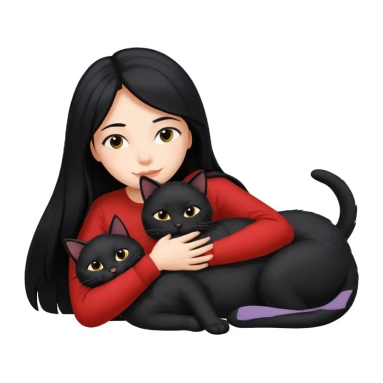 A girl with long black hair, lying down with her black cat while hugging each other. sticker