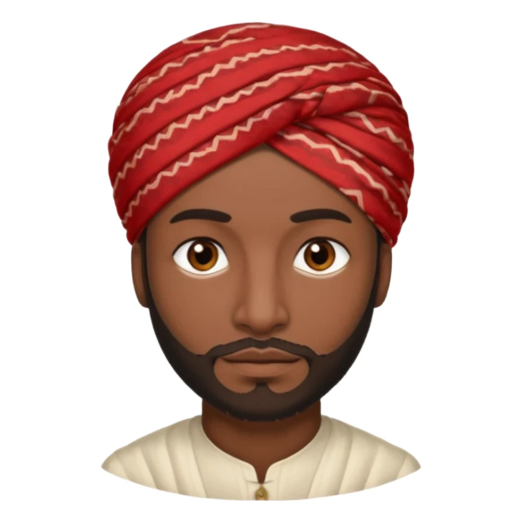 A dark-skinned man with brown eyes, a short beard, and a calm look, wearing a red patterned turban. sticker