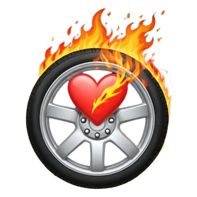 a car wheel on fire, sparks flying from underneath, and a red heart in the center of the wheel sticker