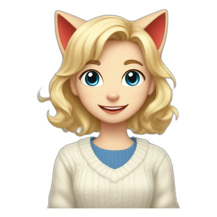 blonde-haired cat girl massive bright red eyes, cat smile, wearing a white sweater and a blue skirt sticker