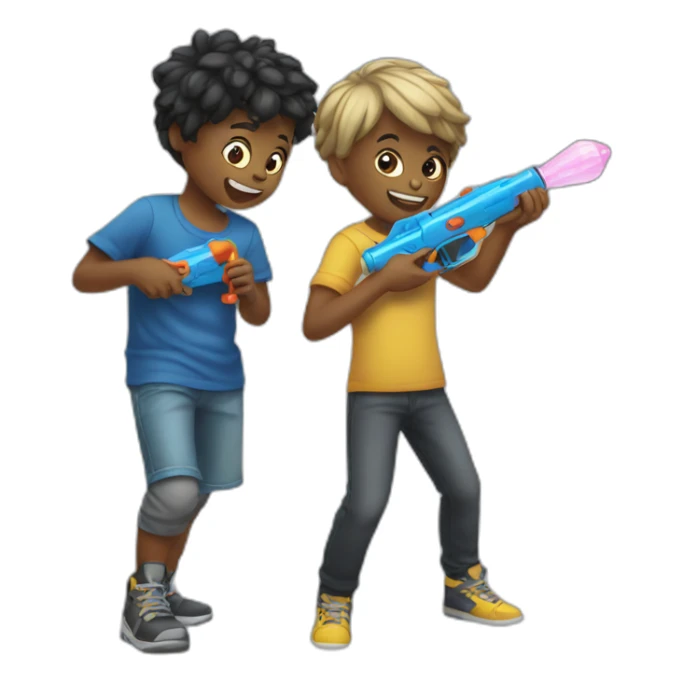 two kids playing with metal watergun sticker