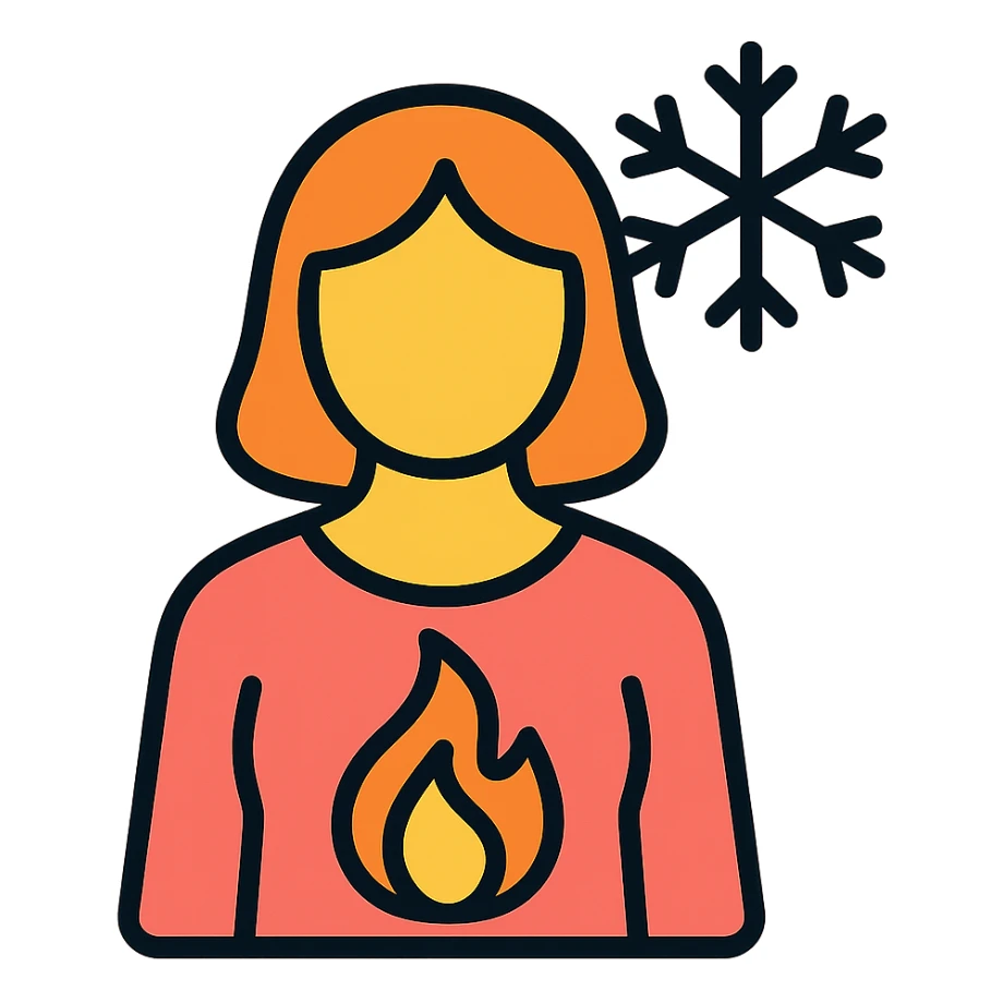 female figure with a glowing flame inside her body and a snowflake surrounding her, symbolizing menopause hot inside cold outside sticker