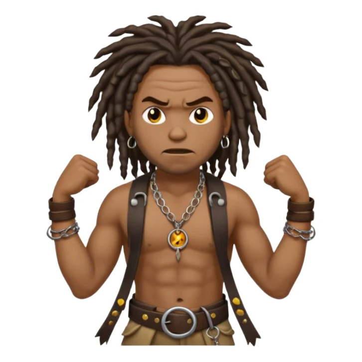 a angry black man with dreads and a circle pendant chain to the side slanging back and forth a belt sticker