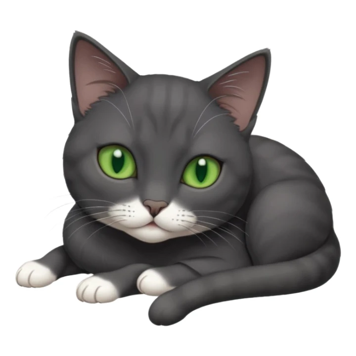 beautiful female solid dark grey cat with green eyes, white toes/paws and white patch on her chest lying down sticker