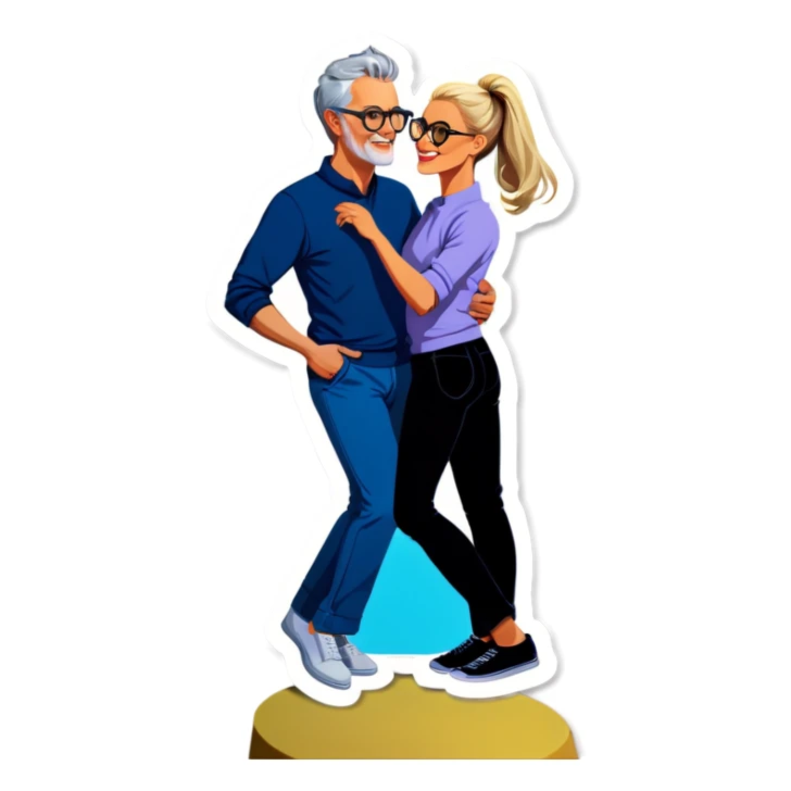Hyper Realistic Couple in love,  dancing lady blonde wearing glasses man grey hair clean shaven
 sticker