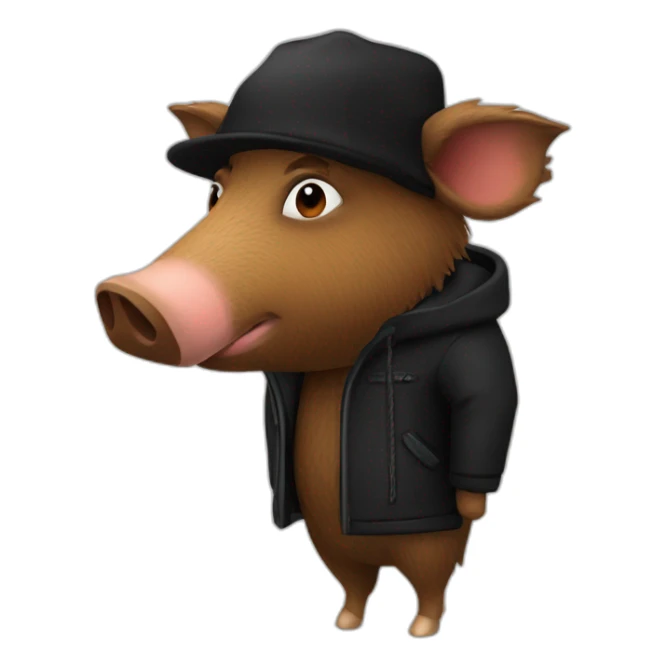 a wild tired brown boar in a black jacket and a black winter hat sticker