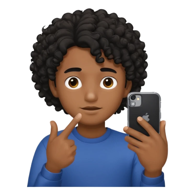 A circular black and white emoji in which a boy is hiding his face with his fingers white taking the selfie and his hair are curly sticker