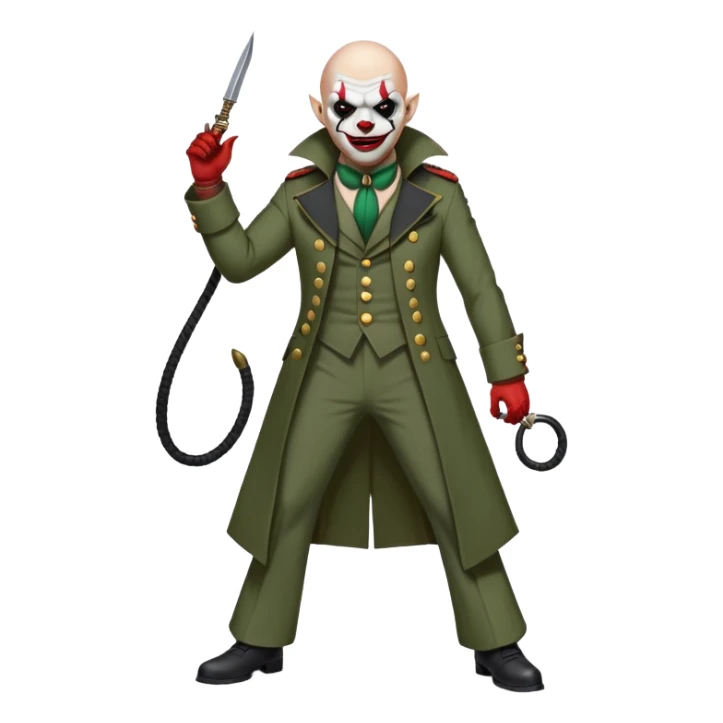 evil clown, bald, black horns on forehead, fangs, pointed ears, eye patch over one eye, long coat over black and military green leisure suit with bellbottom pants, tail, holding a different style of whip, realistically proportioned, less bulky, full body, battle-ready, fighting posture sticker