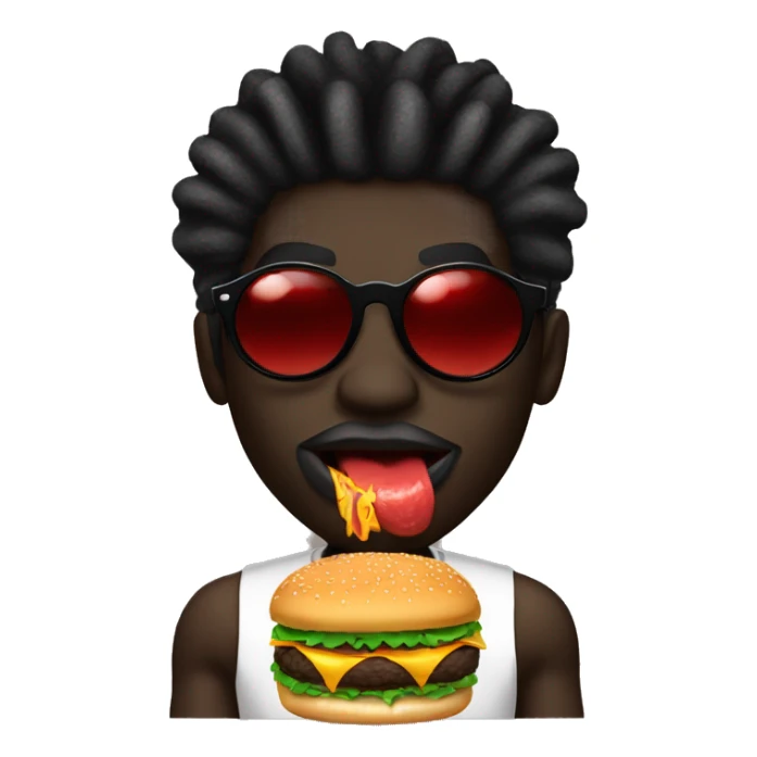 Dark skin black guy with black dreadlocks and big lips and red lip stick with black sunglasses shades on face eating a burger  sticker