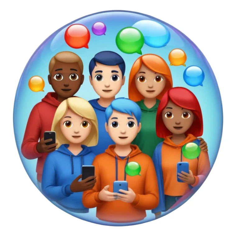 Multiple people inside colorful transparent bubbles (blue, red, orange, green), each using a smartphone or laptop. The people are in casual clothing, and the background is a simple cityscape with soft lighting. Emoji-style, clean and modern design. sticker