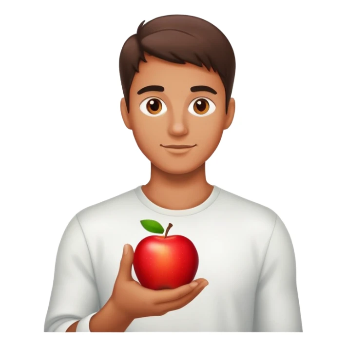 tanned man 20s holding apple sticker