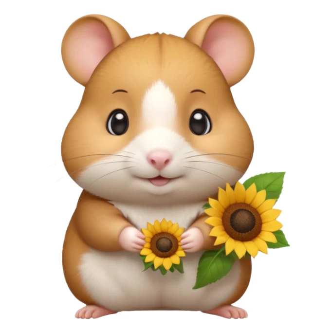 A small 3D cartoon hamster holding a sunflower seed, chubby cheeks, soft brown and white fur, bright eyes, friendly expression, soft warm lighting, Memoji-style. sticker