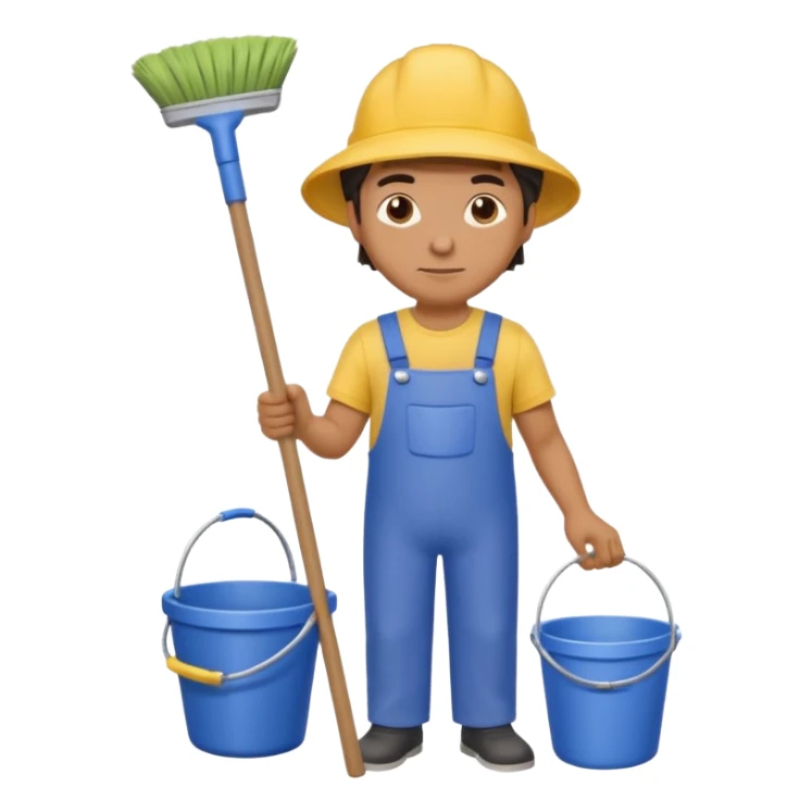 man in cleaning clothes, holding a broom and a bucket sticker